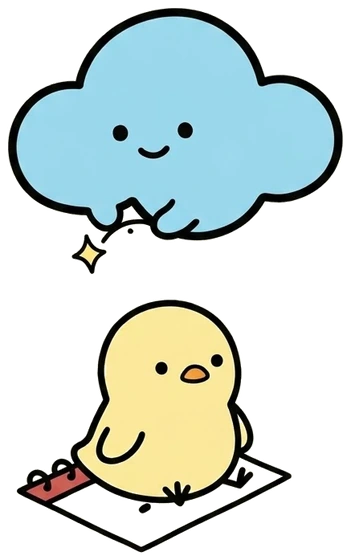 달력 위에 앉은 병아리와 반짝이는 구름