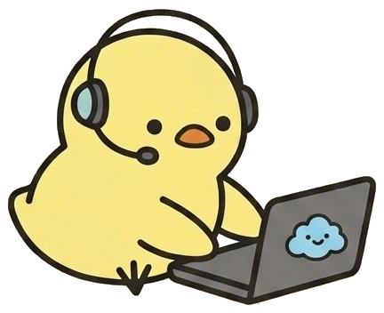 헤드셋을 쓰고 노트북을 보는 병아리